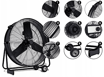 Stor kraftfull mobil industrifläkt 90 cm 350W, trumfläkt golvmodell, svart/gul pulverlackad, 21795 m³/h, EBERG