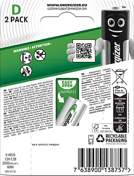 ENERGIZER RECHARGEABLE POWER PLUS - D - 2 PACK