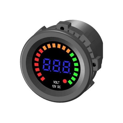Voltmeter 5-15 volts with digital digits and colored LED indicators.