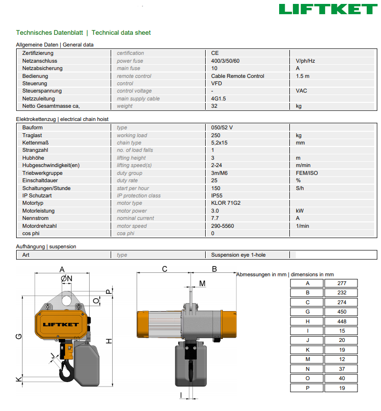 Kättingtelfer Liftket Star VFD frekvensstyrd, 250 kg (2-24 m/min) - 2