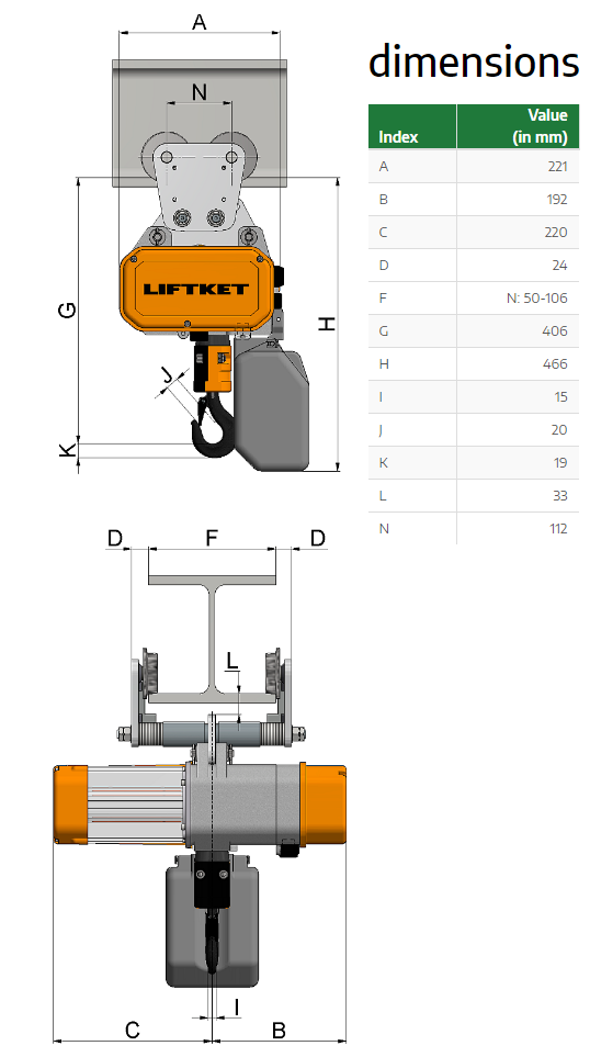 Kättingtelfer Liftket Star VFD frekvensstyrd med manuellt åkverk, 125 kg (2-24 m/min) - 2