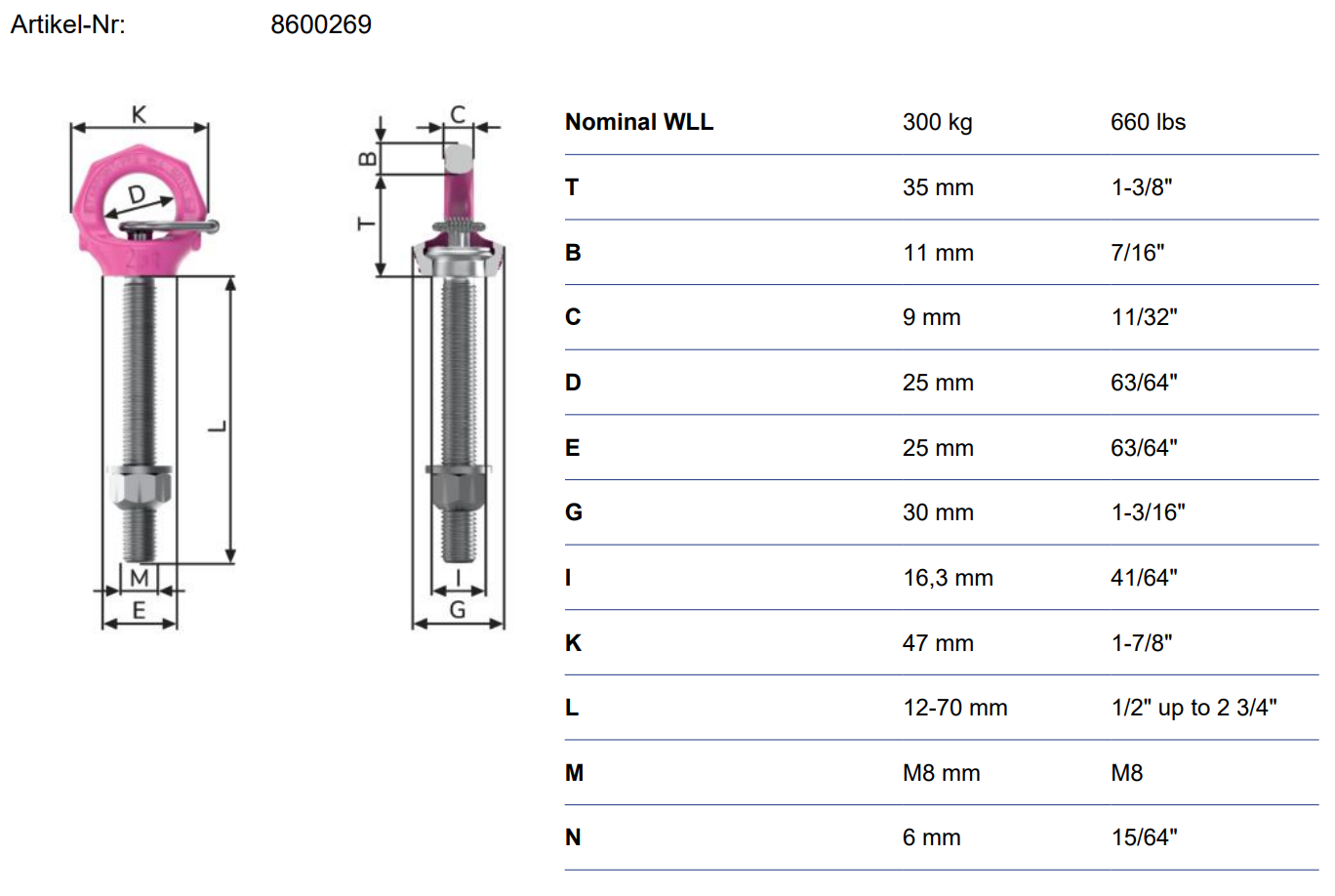 Lyftögla RUD VRS-F-M8  med längre tapplängd / Maxlast 1 ton - 2