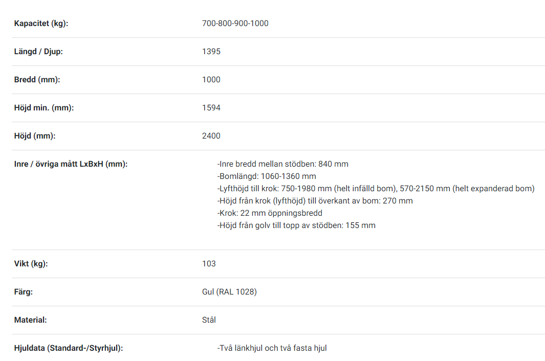 Verkstadskran SA 1000 armlängd: 1060-1360 mm / Maxlast: 1000-700 kg - 3