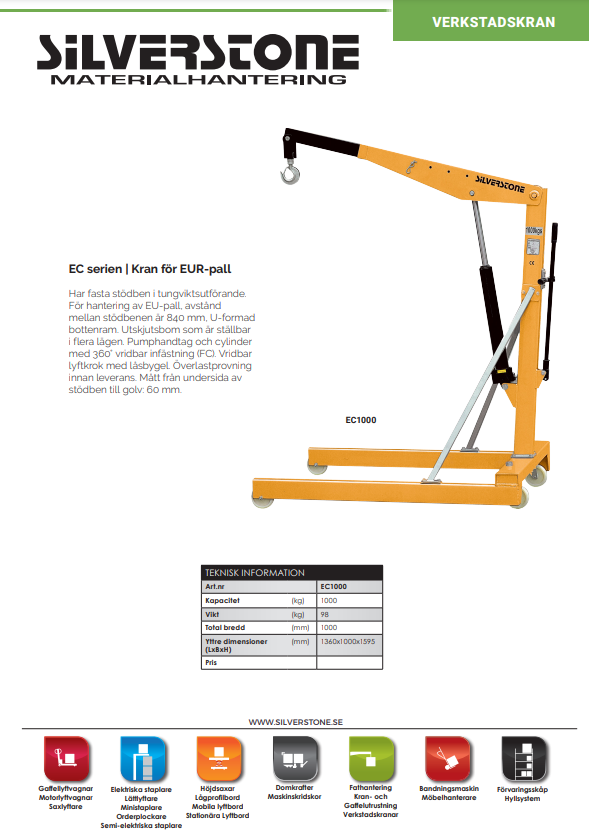 Verkstadskran, EU-pall, Maxlast: 1000kg - 2