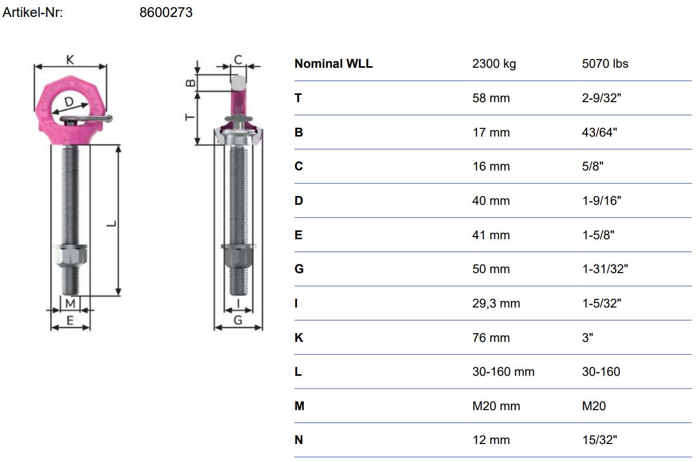 Lyftögla RUD VRS-F-M20  med längre tapplängd / Maxlast 6 ton - 2