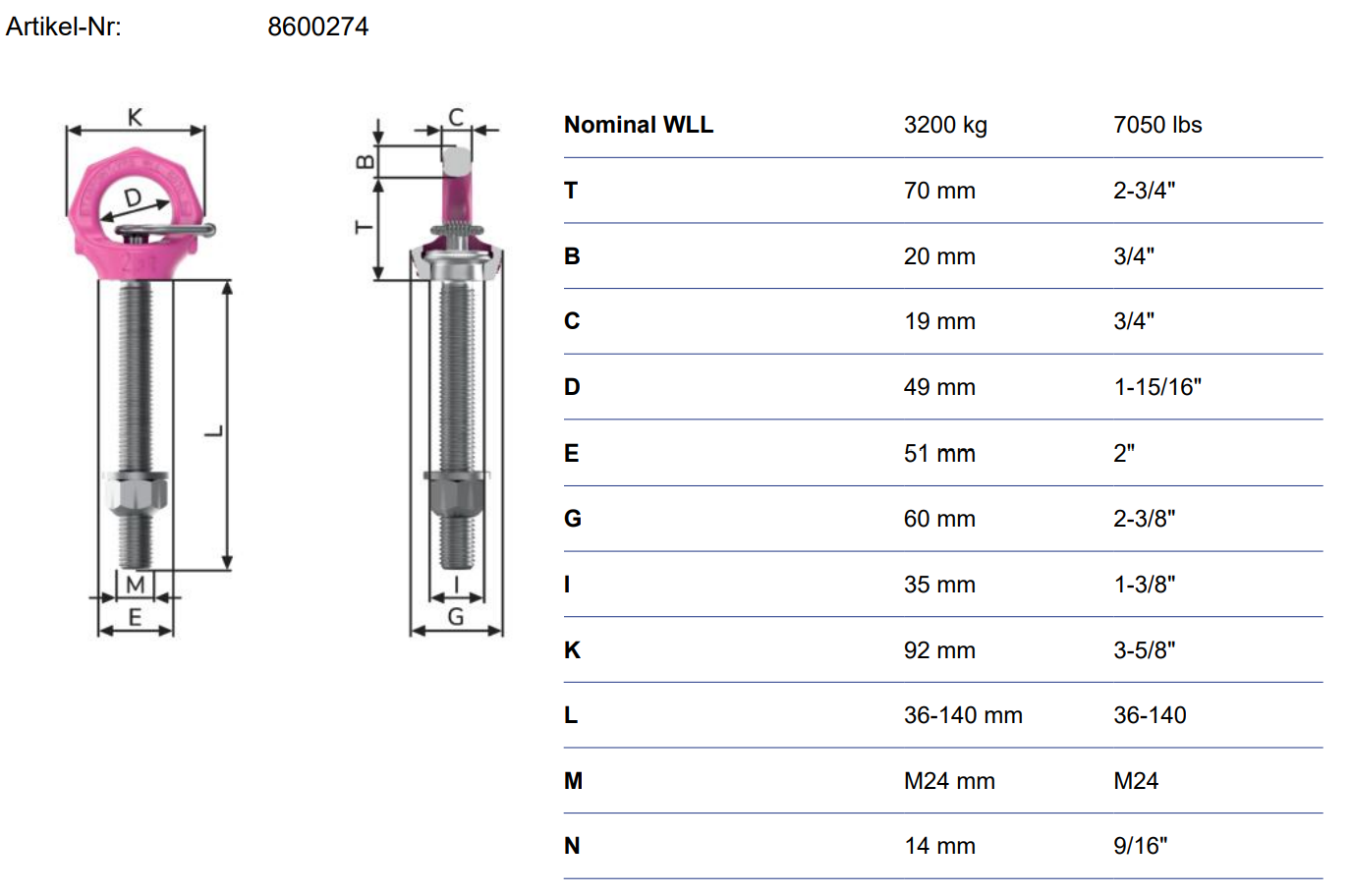 Lyftögla RUD VRS-F-M24  med längre tapplängd / Maxlast 8 ton - 2