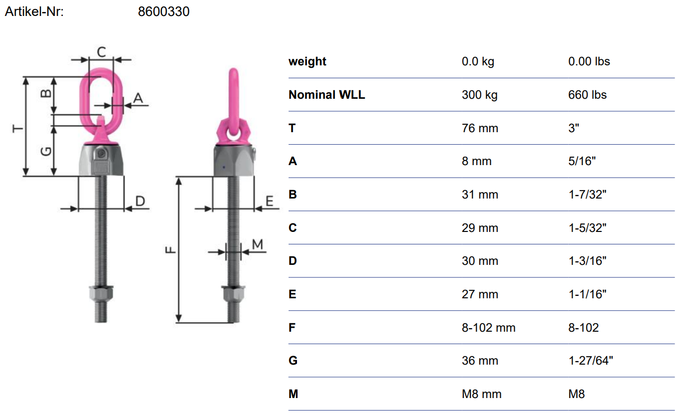 Lyftögla RUD VWBG-V-M8 med längre tapplängd / Maxlast 0,6 ton - 3