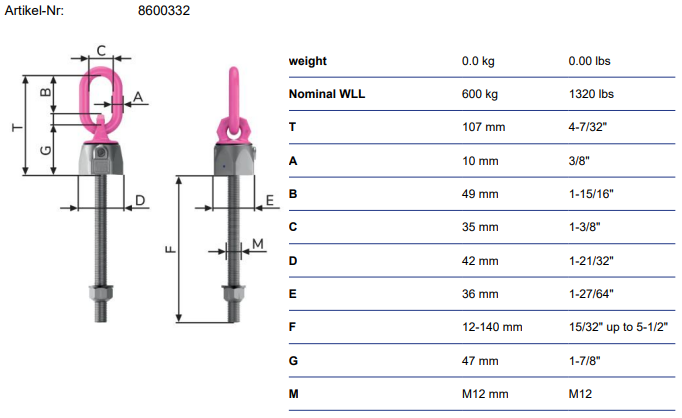 Lyftögla RUD VWBG-V-M12 med längre tapplängd / Maxlast 1,2 ton - 3