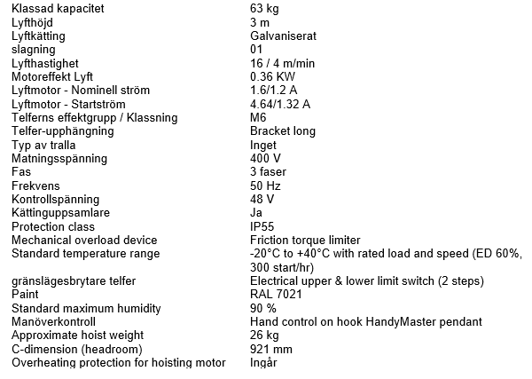 Kättingtelfer SWF Handymaster, Maxlast: 63 kg / Lyfthöjd: 3 meter / Lyfthastighet: 16/4 m/min - 4