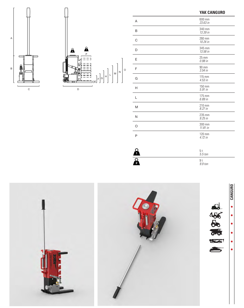 Hydraulisk domkraft YAK Canguro / Maxlast: 9/5 ton ( 5 ton på klacken & 9 ton på toppen) - 3