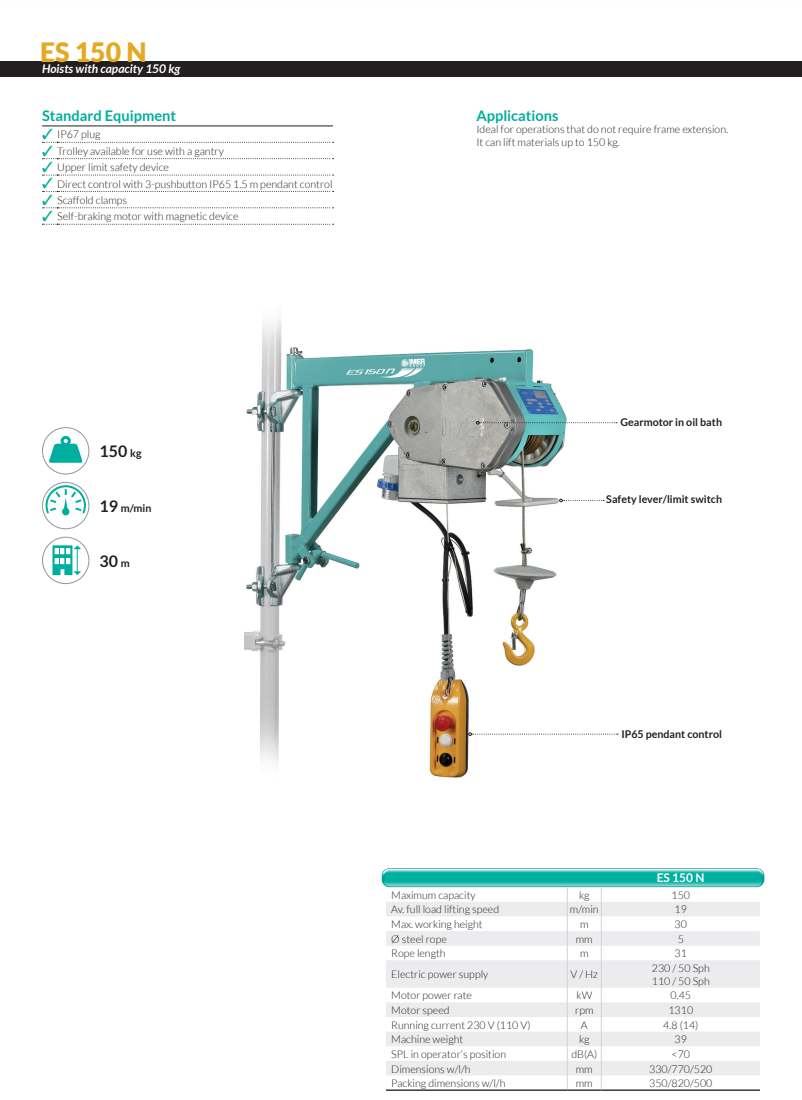 Ställningsvinsch IMER ES 150 N / Maxlast: 150 kg (19 m/min) - 2