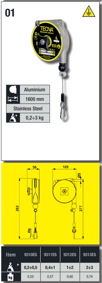 Balansblock Tecna 9313ES i ESD utförande med fjäderretur / Maxlast:  2-3 kg - 3