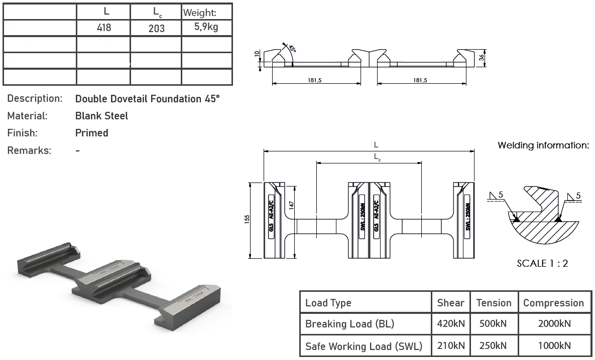 Bottenplatta dubbel till 45° twistlock / Bredd: 418 mm - 2