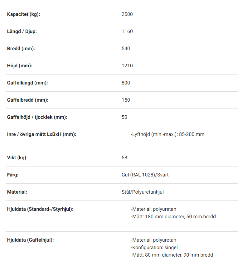 Pallyftare  Maxlast: 2500 kg / Gaffellängd: 800 mm, enkel PU-hjul - 2