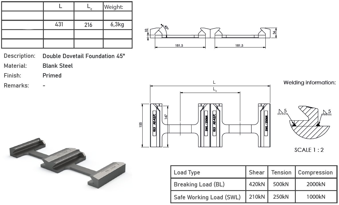 Bottenplatta dubbel till 45° twistlock / Bredd: 431 mm - 2