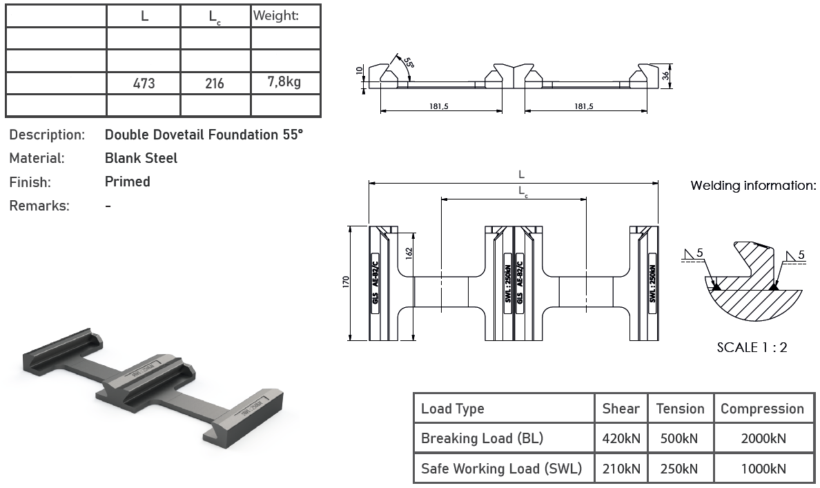 Bottenplatta dubbel till 55° twistlock / Bredd: 473 mm - 2