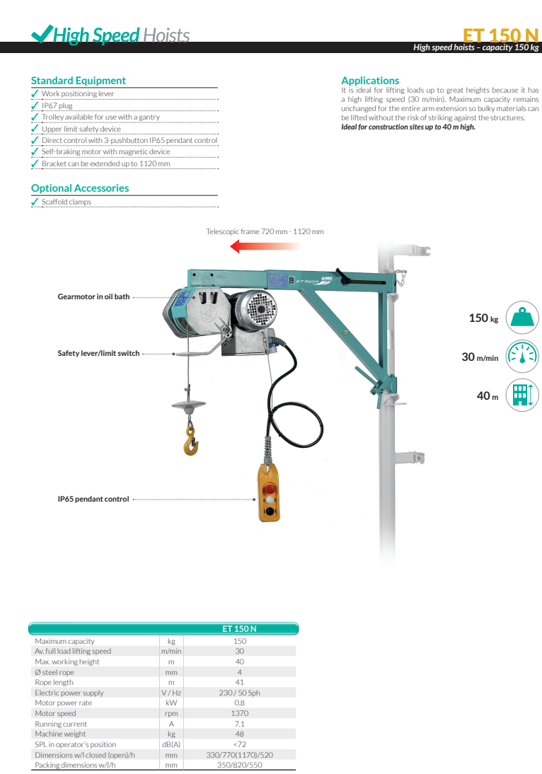 Ställningsvinsch IMER ET 150 N / Maxlast: 150 kg (30 m/min) - 2