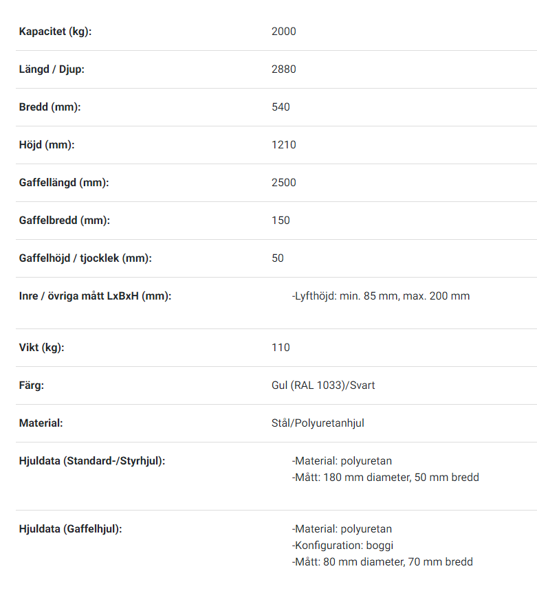 Pallyftare  Maxlast: 2000 kg / Gaffellängd: 2500 mm, dubbel PU-hjul - 2