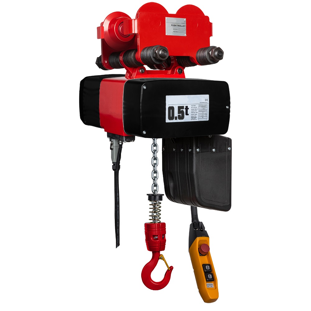 Kättingtelfer DMY, Maxlast: 500 kg / Lyfthastigheter: 7/1,8 m/min  / Lyfthöjd: 10 m / Balkbredd: 74-300 mm