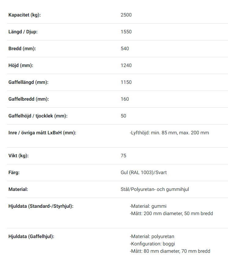 Pallyftare Quicklift, Maxlast: 2500 kg / Gaffellängd: 1150 mm, dubbel PU-hjul - 2
