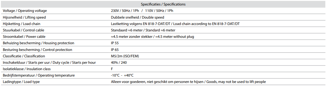 Kättingtelfer DMH, Maxlast: 500 kg / Lyfthastigheter: 7/1,8 m/min / Lyfthöjd: 3 m - 4