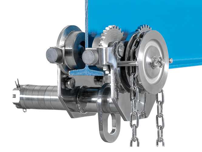 Blockvagn kättingdriven rostfri 1000 kg / Balkbredd: 58-203 mm