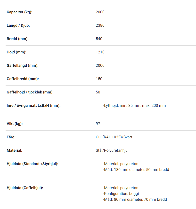 Pallyftare  Maxlast: 2000 kg / Gaffellängd: 2000 mm, dubbel PU-hjul - 2