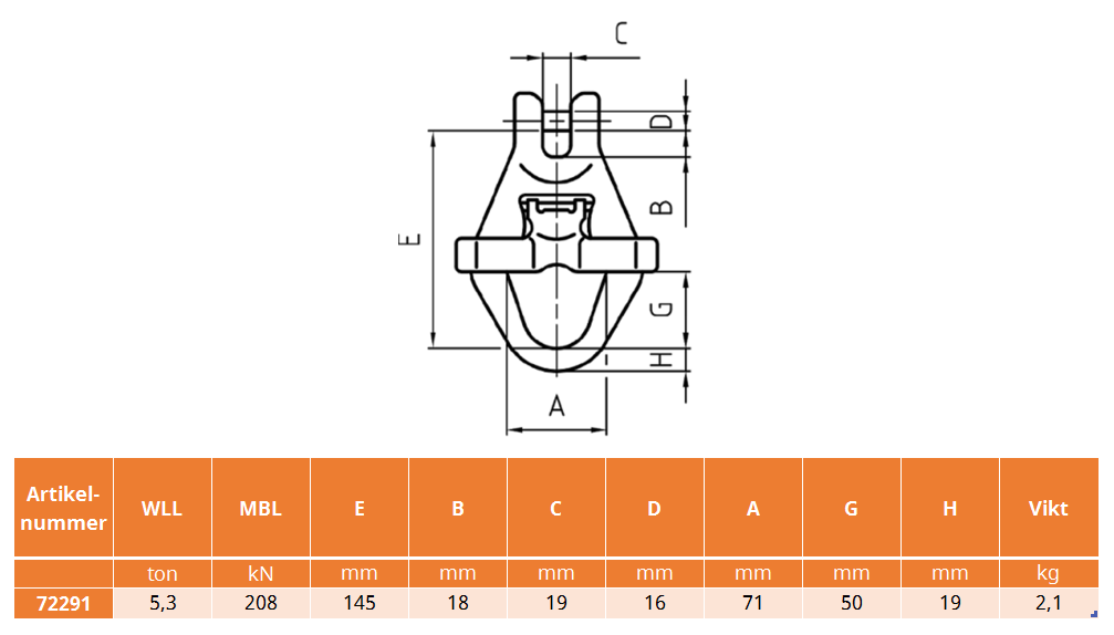 Containerögla med gaffelkoppling för 13 mm kätting Klass 8 / Maxlast: 5,3 ton - 2