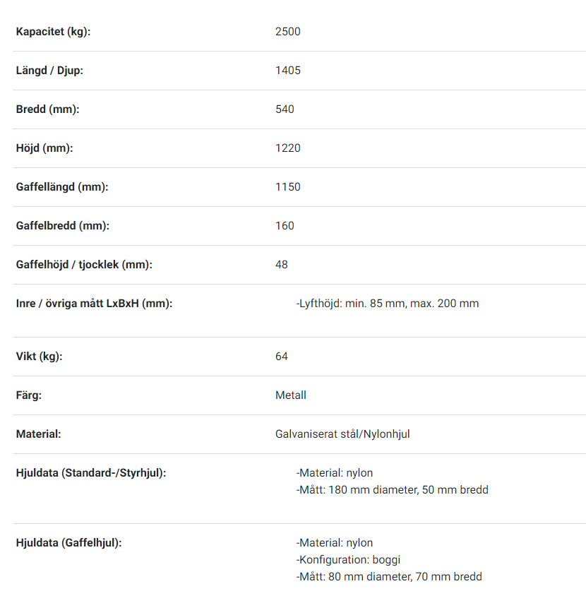 Galvaniserad pallyftare, Maxlast: 2500 kg / 1150 mm, dubbel nylonhjul - 2
