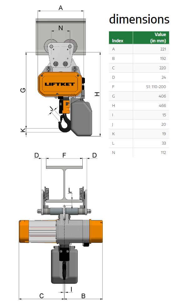 Kättingtelfer Liftket Star med manuellt åkverk, 250 kg (8 m/min) 230 V - 2
