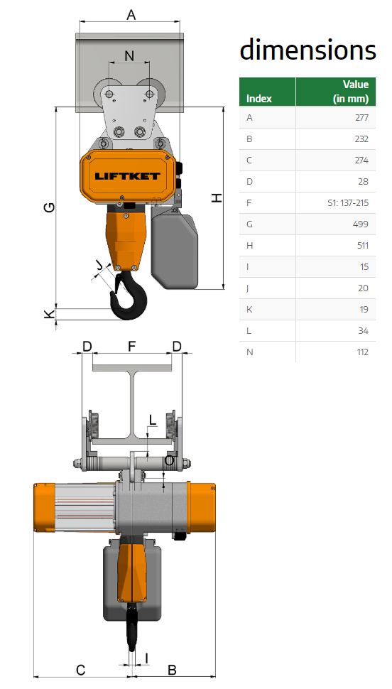 Kättingtelfer Liftket Star med manuellt åkverk, 1000 kg (4 m/min) 230 V - 2