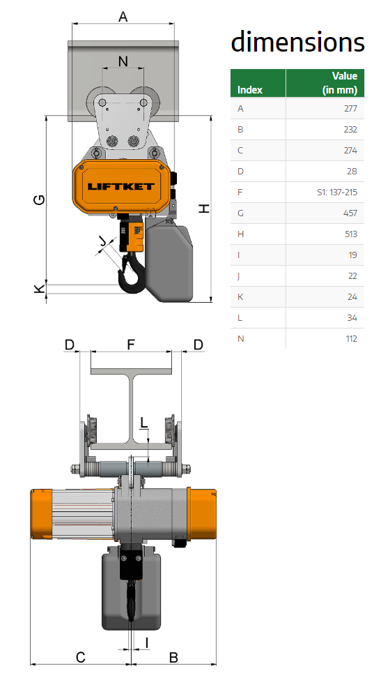 Kättingtelfer Liftket Star med manuellt åkverk, 1000 kg (6 m/min) 230 V - 2