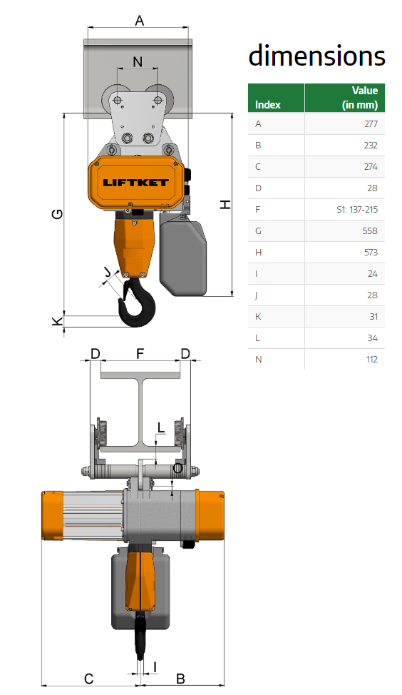 Kättingtelfer Liftket Star med manuellt åkverk, 2000 kg (3 m/min) 230 V - 2