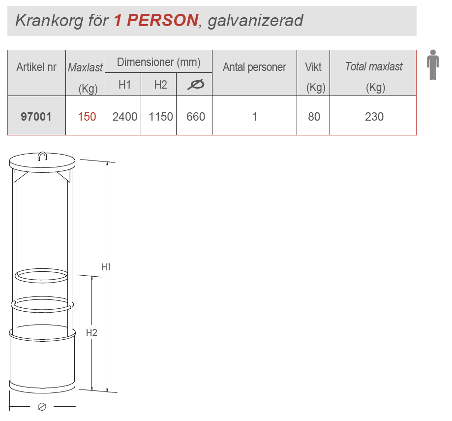 Krankorg för 1 person / Maxlast: 150 kg - 2