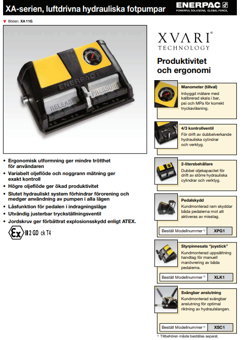 Enerpac luftdriven hydraulisk fotpump XA12 / Enkelverkande 2 liter - 2