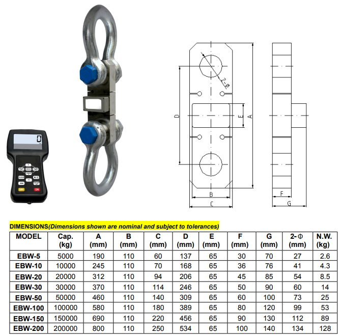 Dynamometer EBW-150T med trådlös display och 2 st schacklar / Maxlast: 150 Ton - 2