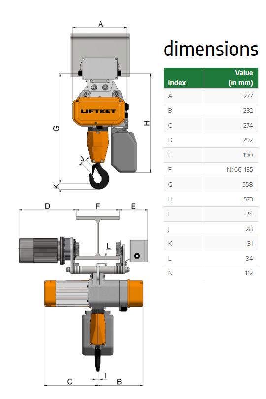 Kättingtelfer Liftket Star med elektriskt åkverk, 2000 kg (3/0,75 m/min) - 2