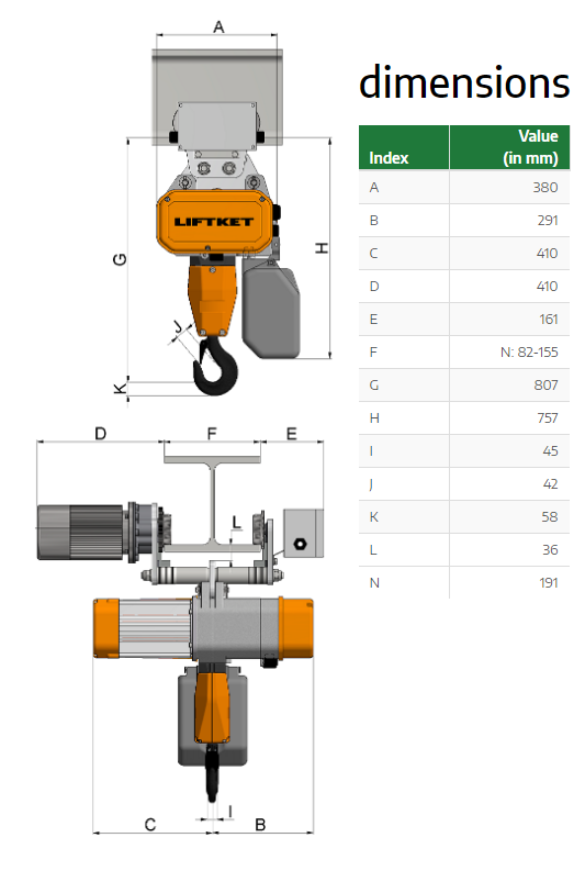 Kättingtelfer Liftket Star med elektriskt åkverk, 5000 kg (5/1,25 m/min) - 2
