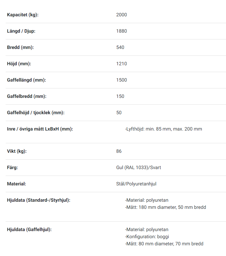 Pallyftare  Maxlast: 2000 kg / Gaffellängd: 1500 mm, dubbel PU-hjul - 2