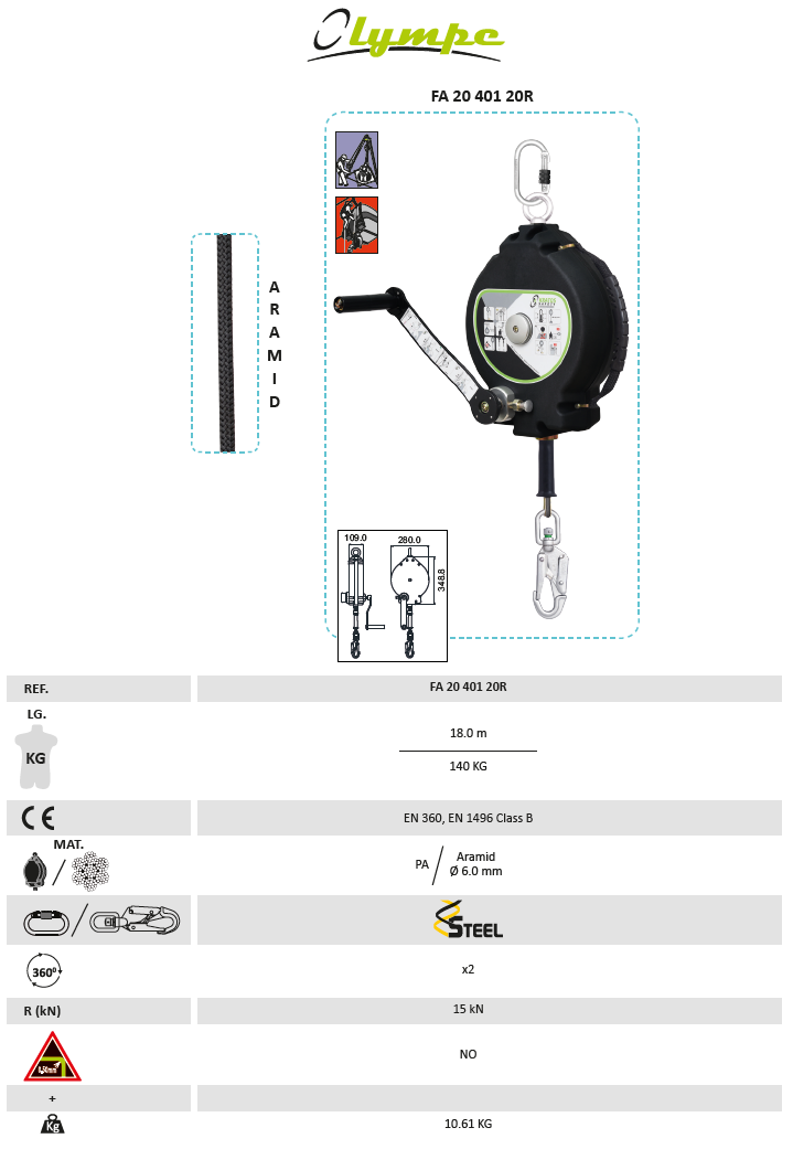 Räddningsblock Kratos Safety med aramid stållina / 20 meter - 2