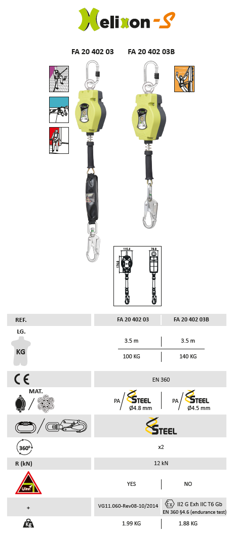 Fallskyddsblock Kratos Safety med stållina / 3,5 meter - 2