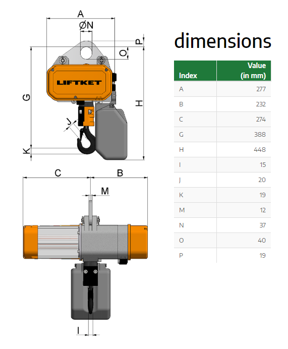 Kättingtelfer Liftket Star, 500 kg (8 m/min) 230 V - 2
