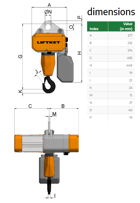 Kättingtelfer Liftket Star, 1000 kg (4 m/min) 230 V - 2