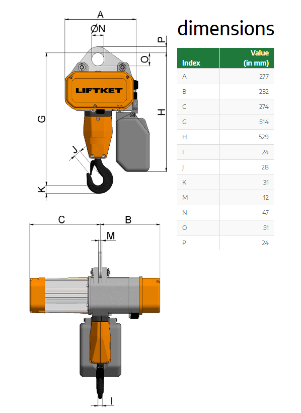 Kättingtelfer Liftket Star, 2000 kg (3 m/min) 230 V - 2