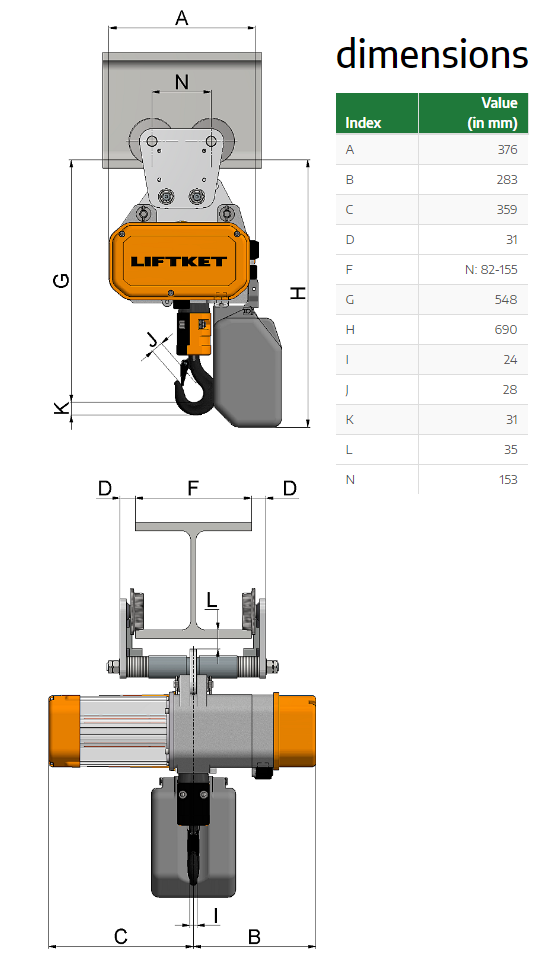 Kättingtelfer Liftket Star med manuellt åkverk, 1600 kg (8/2 m/min) - 2
