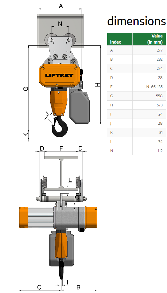 Kättingtelfer Liftket Star med manuellt åkverk, 2000 kg (3/0,75 m/min) - 2