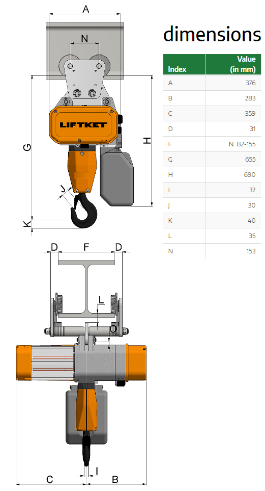 Kättingtelfer Liftket Star med manuellt åkverk, 3200 kg (4/1 m/min) - 2