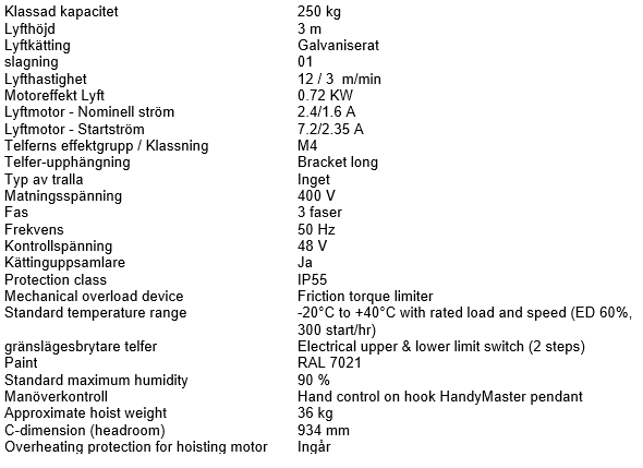 Kättingtelfer SWF Handymaster, Maxlast: 250 kg / Lyfthöjd: 3 meter / Lyfthastighet: 12/3 m/min - 4