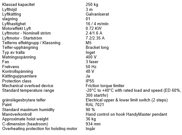 Kättingtelfer SWF Handymaster, Maxlast: 250 kg / Lyfthöjd: 3 meter / Lyfthastighet: 16/4 m/min - 4