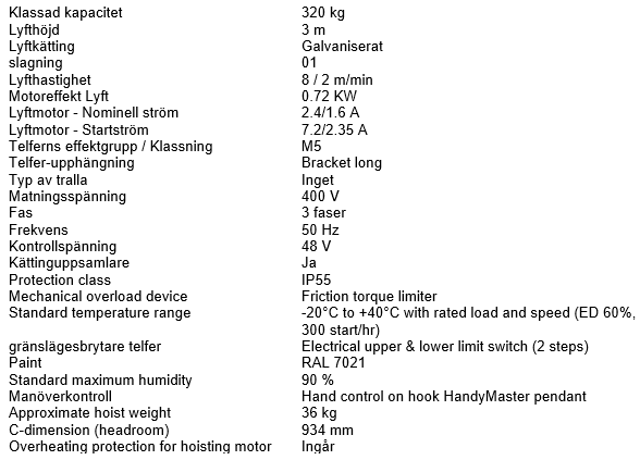 Kättingtelfer SWF Handymaster, Maxlast: 320 kg / Lyfthöjd: 3 meter / Lyfthastighet: 8/2 m/min - 4